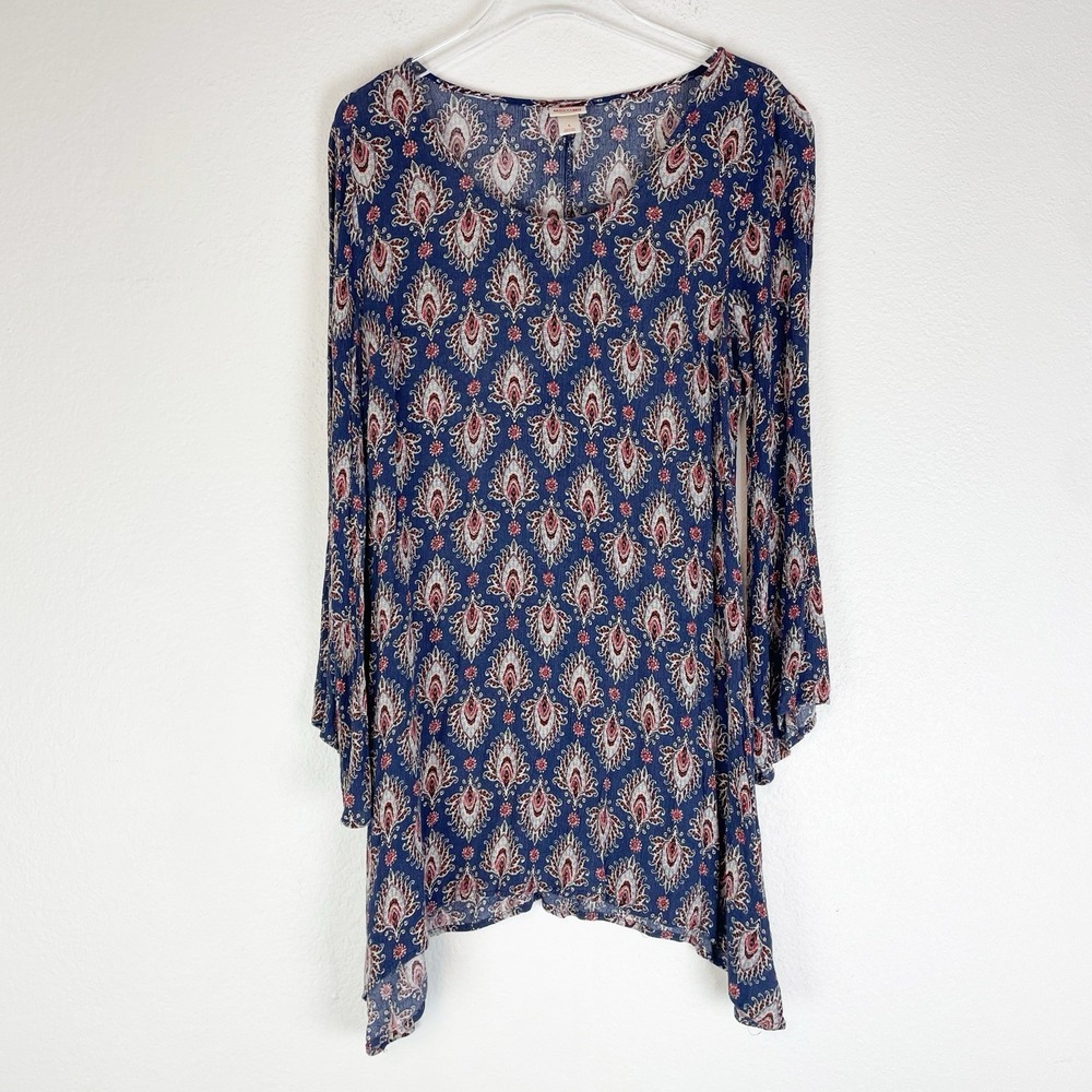 Mossimo Dress Large Asymmetrical Hem Indie Boho Hippie Retro Flare Sleeve L
